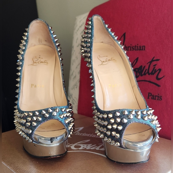 CHRISTIAN LOUBOUTIN Metallic Lame Lady Peep Spike Platform Pumps Size 37 - Picture 10 of 16